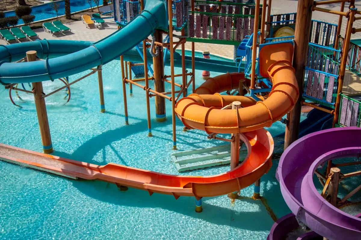Large swimming pools and water slides at Oasiria Water Park