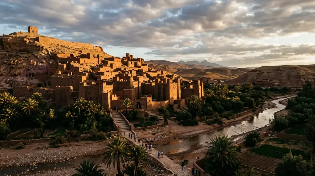 Ait Benhaddou mud-brick village in Morocco at sunset