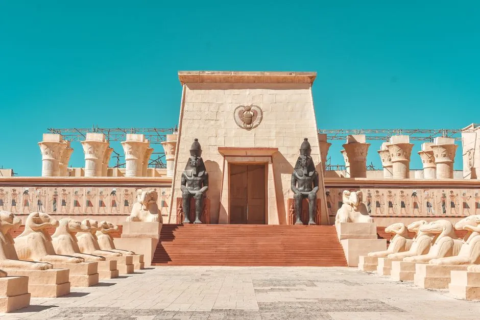 Massive abandoned Egyptian temple movie set in the Moroccan desert at Atlas Film Studios
